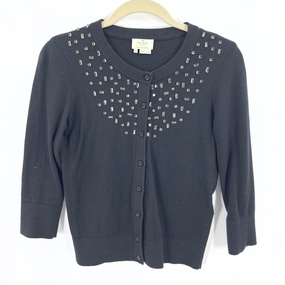 Kate Spade Tokyo Grid Rhinestone Jewel Cardigan Womens XS Black Cashmere Blend - Picture 1 of 9